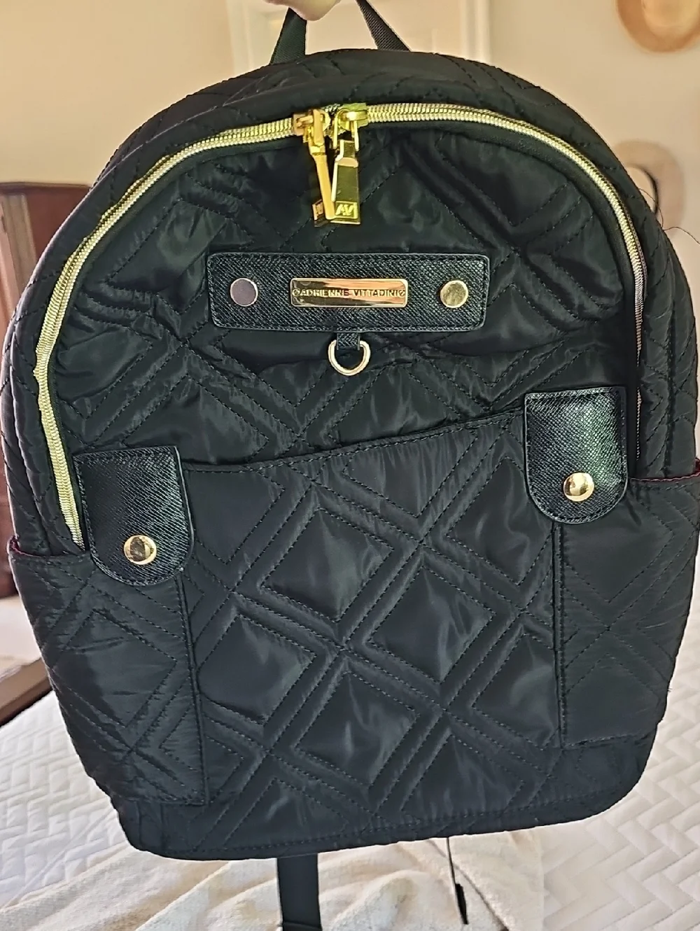 Adrienne Vittadini Black Quilted Backpack with Gold Hardware - EUC